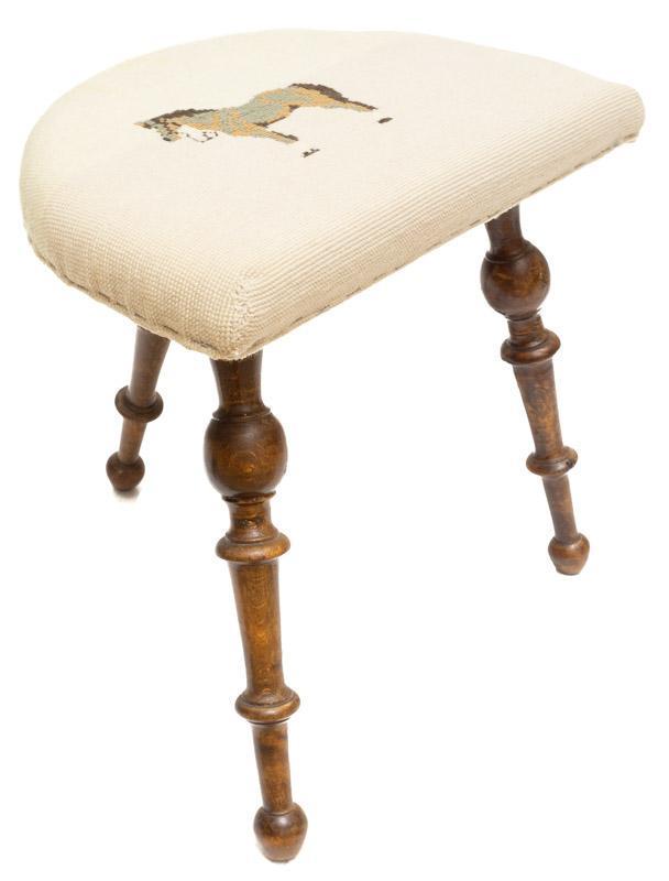Farmhouse Child's Footstool, circa 1900: Farmhouse footstool, circa 1900, horse motif, turned legs, upholstered seat 14" tall x 15" wide
