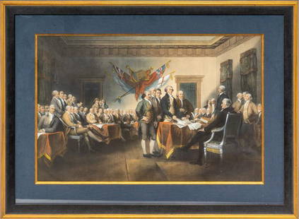 After John Trumbull, "Declaration of Independence": Provenance: The Estate of Nancye Miller After John Trumbull, "Declaration of Independence", unsigned lithograph, framed frame: 25 x 34" State-wide delivery is available for this item. Please email shi