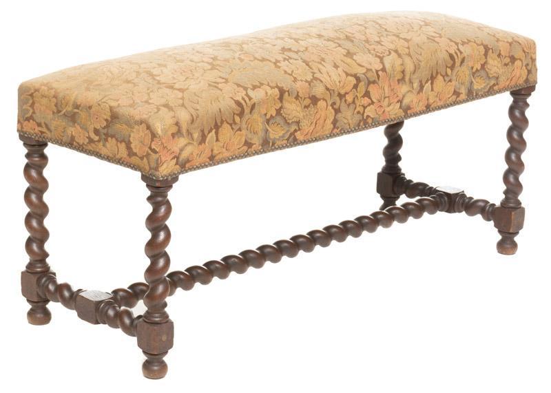 Barley Twist Hall Bench: Barley Twist hall bench, floral upholstery, stud accents 21.5" tall x 46.5" wide x 17" deep State-wide delivery is available for this item. Please email shipping@vogtauction.com or call 210-822-6155 f