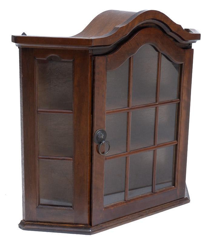 Petite Wall Hanging Cabinet: Petite wall hanging cabinet, glazed doors, arched mantle 20.5" tall x 23" wide x 6" deep