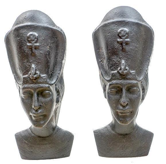 Pair of Vintage Cast Iron Egyptian motif Andirons: Pair of vintage cast iron Egyptian motif andirons, figural 11" tall x 5" wide x 19" deep/ Largest State-wide delivery is available for this item. Please email shipping@vogtauction.com or call 210-822-