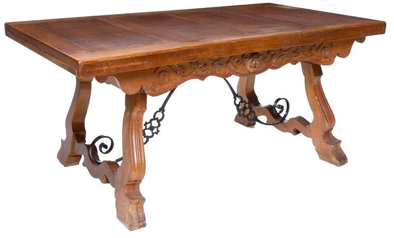 Spanish-Style Dining Table: Spanish-style dining table, metal accents, cross braced legs, scrolled motif 32" tall x 71" wide x 39" deep State-wide delivery is available for this item. Please email shipping@vogtauction.com or cal