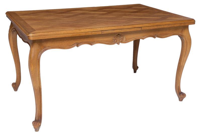 Louis XV-Style Oak Expandable Dining Table: Louis XV-style oak expandable dining table, parquet top, carved accents, cabriole legs, 2-leaves 30.5" tall x 100" wide x 35.5" deep/ Fully extended State-wide delivery is available for this item. Ple