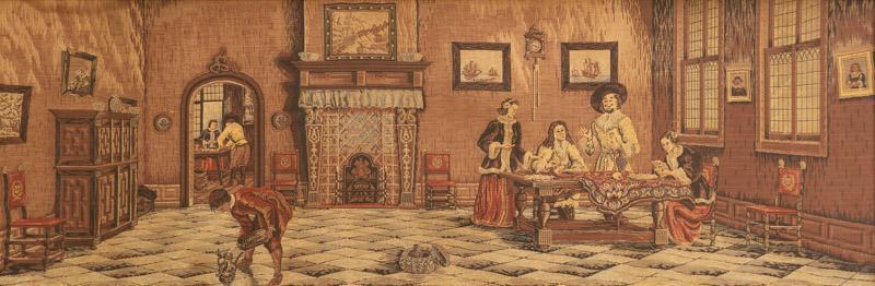 Large Framed French Tapestry, Medieval Household: Large framed French tapestry, medieval household motif, wooden frame frame: 28.5" tall x 76" wide Condition: Scuffs to frame throughout outer edge State-wide delivery is available for this item. Pleas