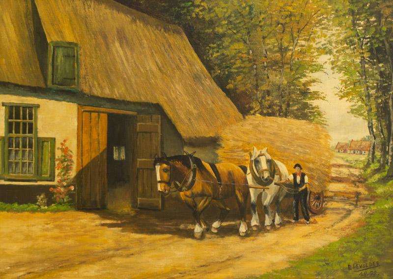 P. Devolour, Hay Wagon, Oil on Canvas: P. Devolour, Hay Wagon, Oil on Canvas, framed frame: 28" tall x 35.5" wide State-wide delivery is available for this item. Please email shipping@vogtauction.com or call 210-822-6155 for a quote. IN-HO