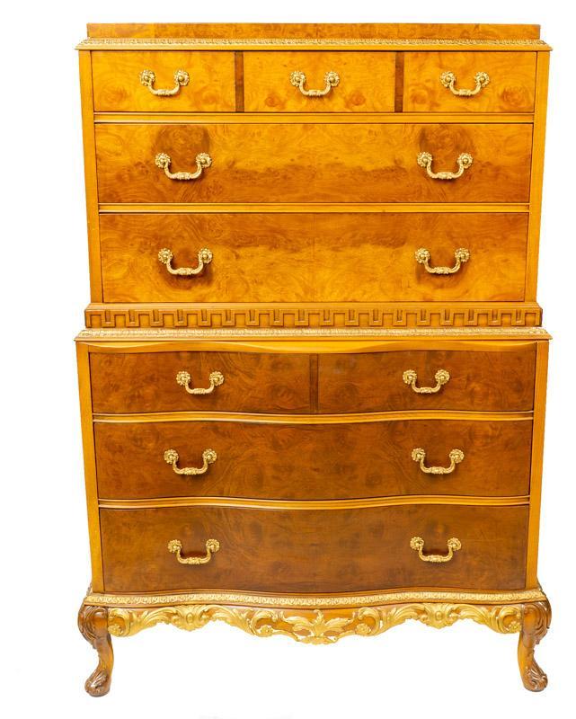 American Highboy Chest of Drawers: Provenance: The Estate of Andy and Bea Copeland American highboy chest of 8-drawers, metal accents, cabriole legs 55" tall x 33" wide x 19" deep State-wide delivery is available for this item. Please 