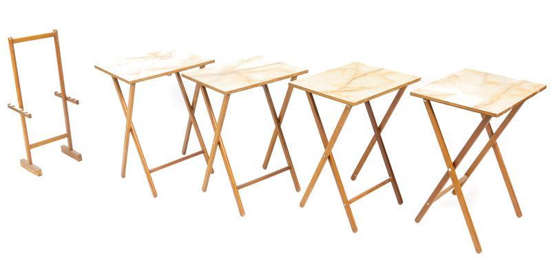 Set of 4 Faux Marble-Top Occasional Tables: Provenance: The Estate of Andy and Bea Copeland Set of 4 faux marble-top folding occasional tables, with stand 25" tall x 16" wide x 15" deep State-wide delivery is available for this item. Please ema