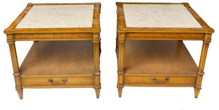 Pair of Marble-Top Wooden Side Tables: Provenance: The Estate of Andy and Bea Copeland Pair of marble-top wooden side tables, single-drawer, white marble 22.5" tall x 25" wide x 25" deep/ Each State-wide delivery is available for this item