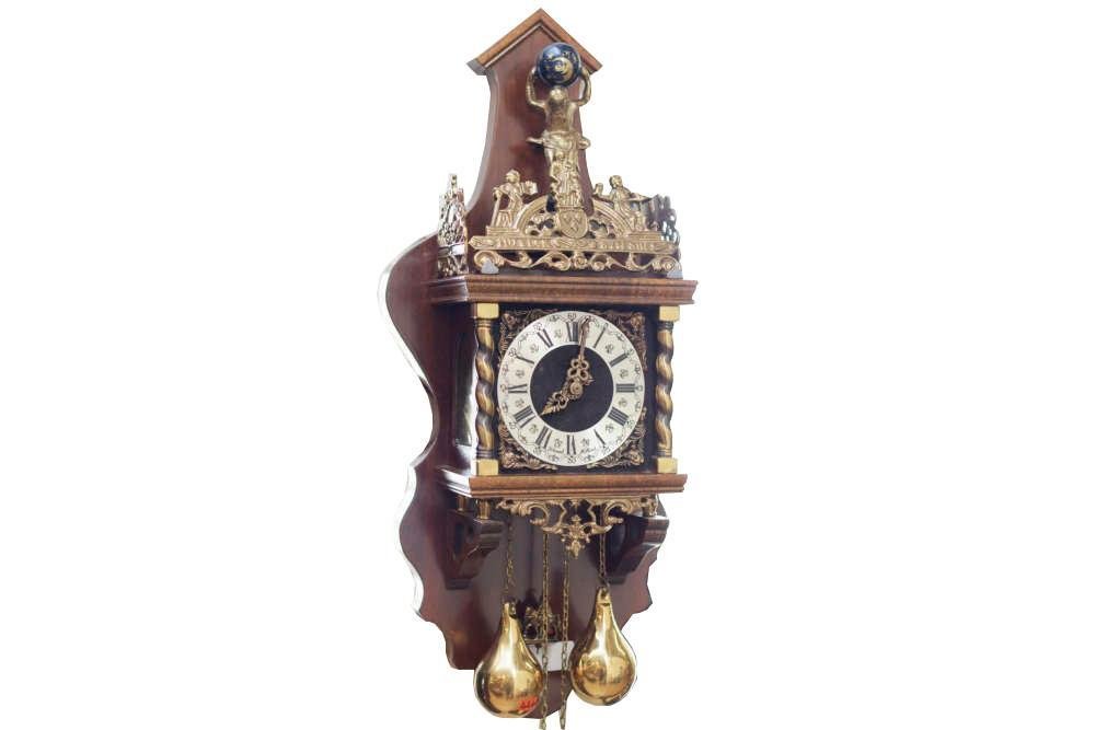 Henri II-Style Gilded Wall Hanging Clock: Henri II-style gilded wall hanging clock, gilt accents, figural accents 24” tall x 10” wide Note: This antique clock is sold "where-is, as-is" and Vogt Auction makes no guarantee as to the working