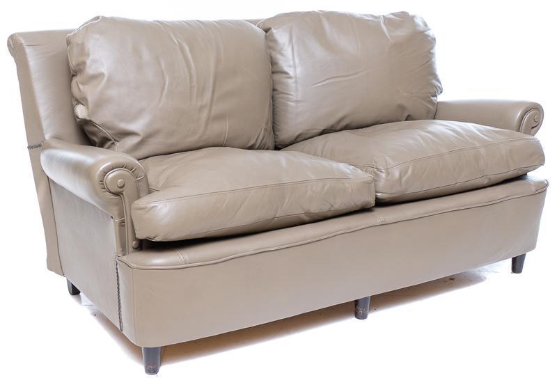 Mid-Century Leather Sofa with Feather Down Cushions: Mid-Century sofa, stud accents, grey leather, down cushions 31" tall x 63.5" wide x 34" deep State-wide delivery is available for this item. Please email shipping@vogtauction.com or call 210-822-6155 