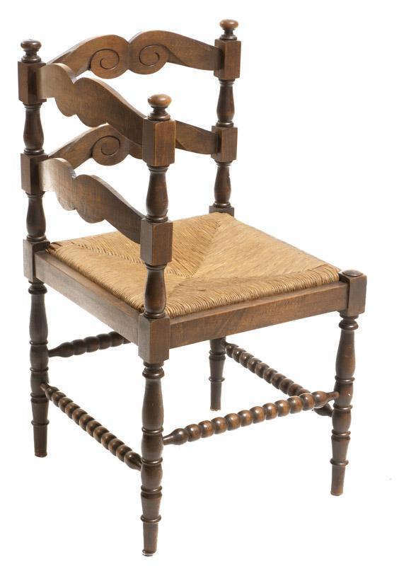 Rustic Rush Seat Corner Chair: Rustic rush seat corner chair, turned legs, ladder back 29" tall x 16" wide x 12" deep State-wide delivery is available for this item. Please email shipping@vogtauction.com or call 210-822-6155 for a 