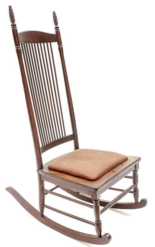 Rustic Farmhouse Rocking Chair: Rustic farmhouse rocking chair, rod back 47" tall x 20" wide State-wide delivery is available for this item. Please email shipping@vogtauction.com or call 210-822-6155 for a quote. IN-HOUSE SHIPPING i