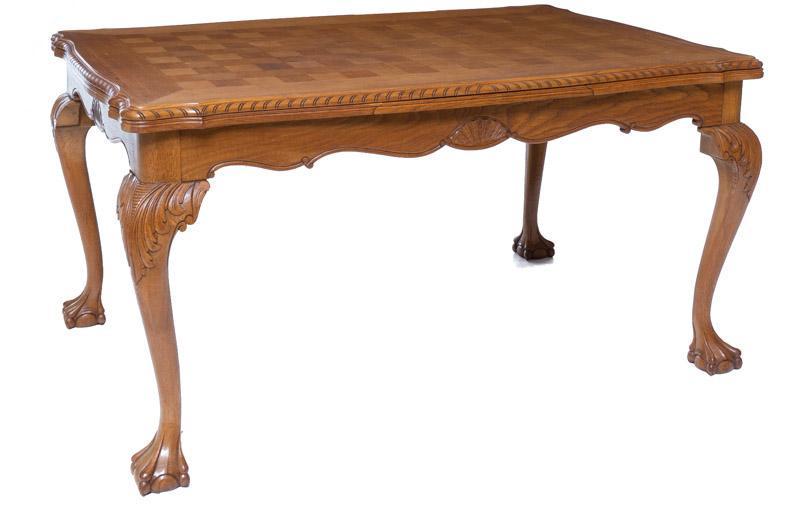 Chippendale-Style Oak Expandable Dining Table: Chippendale-style oak expandable dining table, claw and ball feet, parquet, 2-leaves, carved accents 31" tall x 97.5" wide x 39" deep/ Fully extended State-wide delivery is available for this item. Pl