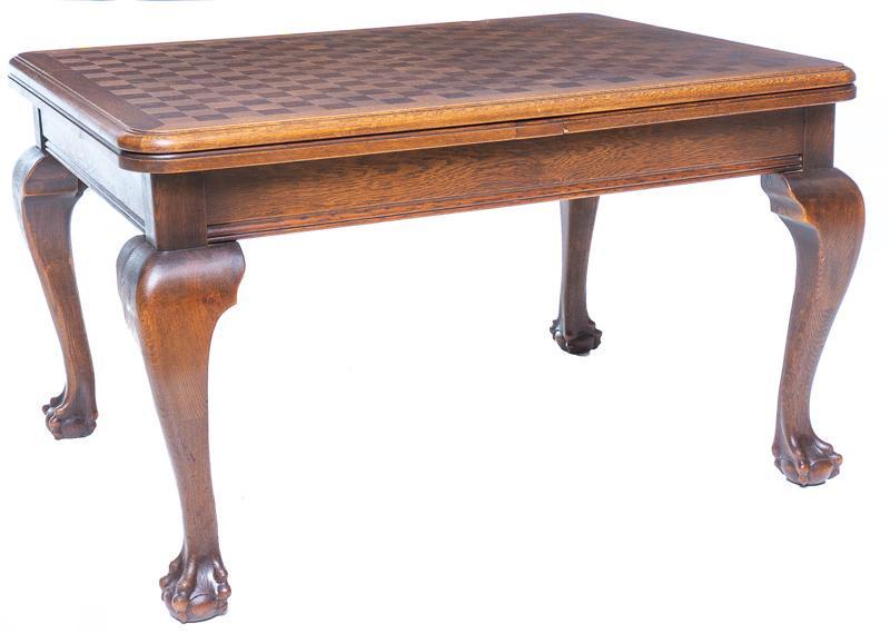French-Style Parquet Dining Table: French-style parquet dining table, claw and ball feet, parquet top 30.5" tall x 96" wide x 39" deep Condition: Scratch on top edge State-wide delivery is available for this item. Please email shipping