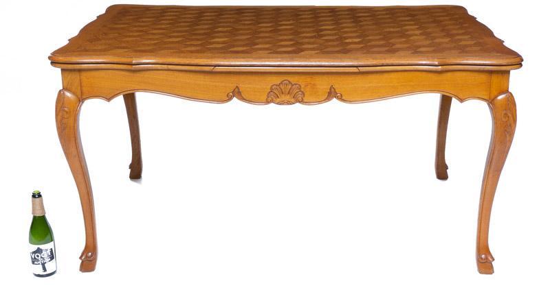 Louis XV-Style Expandable Parquet Dining Table: Louis XV-style expandable parquet dining table, cabriole legs, carved accents, 2-leaves 30.5" tall x 100" wide x 38.5" deep/ Fully extended State-wide delivery is available for this item. Please email