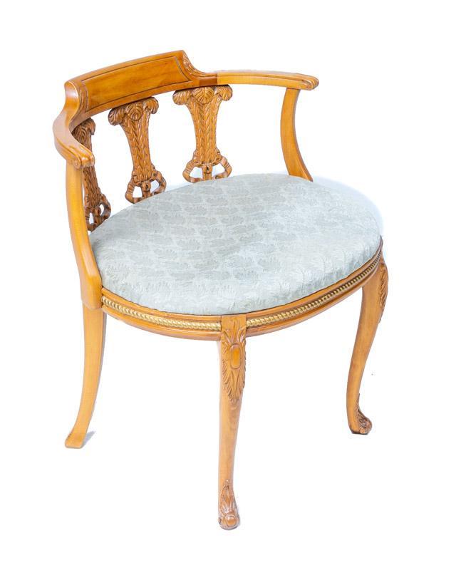 French Provincial Vanity Chair: Provenance: The Estate of Andy and Bea Copeland French Provincial vanity chair, blue upholstered seat, cabriole legs 27.5" tall x 24" wide x 20" deep State-wide delivery is available for this item. Pl
