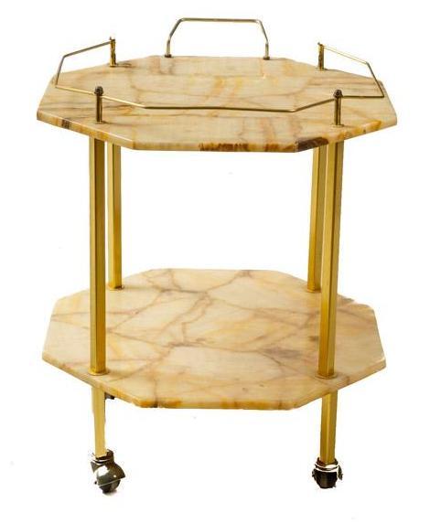 Italian Brass and Marble Bar Cart: Provenance: The Estate of Andy and Bea Copeland Italian brass and marble bar cart, on casters, tan marble 24" tall x 21.5" wide x 21.5" deep State-wide delivery is available for this item. Please emai