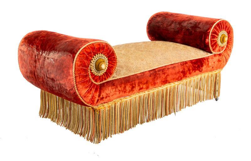 French Empire-Style Reclining Bench: French Empire-style reclining bench, red velvet, fringe accents 23.5" tall x 52" wide x 24" deep Condition: Damage to left arm State-wide delivery is available for this item. Please email shipping@vog