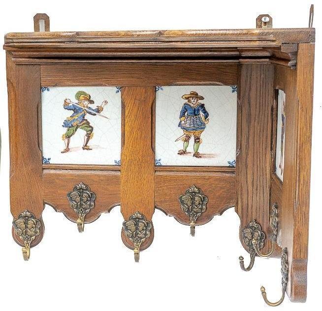 Rustic Wooden Wall Corner Hanging Rack, French Tiles: Rustic wooden wall corner hanging rack with French tiles, figural motif, metal hooks 15.5" tall x 21" wide x 17" deep State-wide delivery is available for this item. Please email shipping@vogtauction.