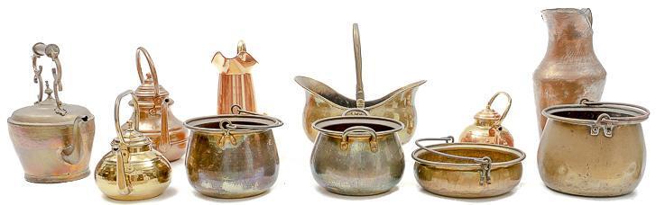 Lot of 12 Farmhouse Copper Items: Lot of 12 farmhouse copper items, includes pitchers, tea pots, buckets, etc. 16" tall x 11" wide/ Largest