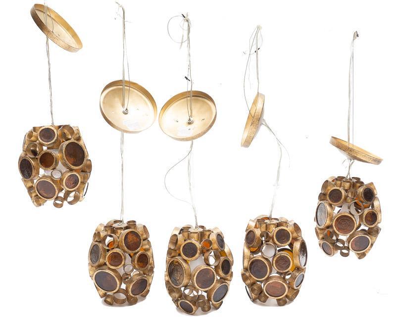 Set of 5 Atomic Brass and Amber Glass Light Fixtures: Provenance: A San Antonio, TX Estate Set of 5 Atomic brass and amber glass light fixtures, flush mount, wired, circular motif 9" tall x 5" diameter/ Each