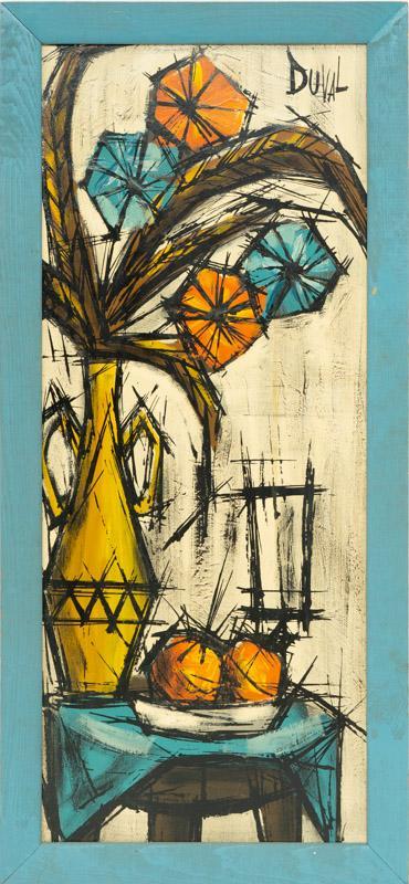 Duval, Still Life In the Style of Bernard Buffet: Provenance: A San Antonio, TX Estate Duval, Still Life In the Style of Bernard Buffet, painting on wood board, framed 38.5" tall x 18" wide State-wide delivery is available for this item. Please email