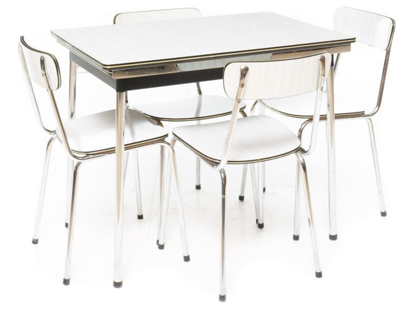 Mid-Century Formica Dining Set, Extending Table,: Mid-Century formica dining set by Tavo, extending table and 4-chairs, white, chrome accents 30" tall x 58.5" wide x 23.5" deep/ Table 30.5" tall x 15" wide x 14.5" deep/ Chairs State-wide delivery is