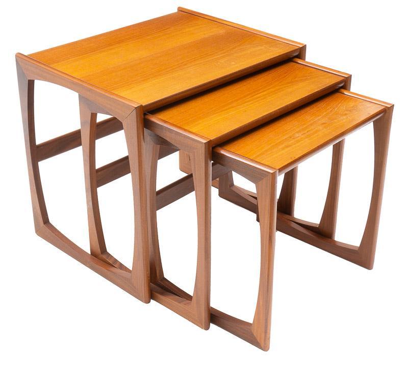 Nest of 3 Mid-Century G. Plan Occasional Tables: Nest of 3 Mid-Century G. Plan occasional tables, square legs 19" tall x 21" wide x 16.5" deep/ Largest