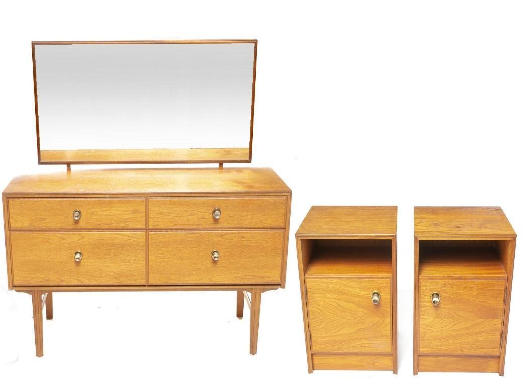 Mid-Century Bedroom Set, 2 Side Tables and Vanity: Mid-Century bedroom set, 2 side tables, single-door, brass hardware, mirrored vanity, metal hardware 22" tall x 16" wide x 12" deep/ Side tables 48.5" tall x 51" wide x 17" deep/ Vanity State-wide del
