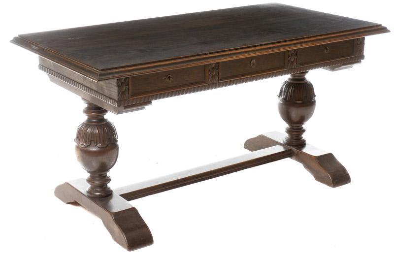 Spanish-Style Dining Table: Spanish-style dining table, acorn accents, stretchered legs, carved accents 30.5" tall x 59" wide x 32" deep State-wide delivery is available for this item. Please email shipping@vogtauction.com or ca
