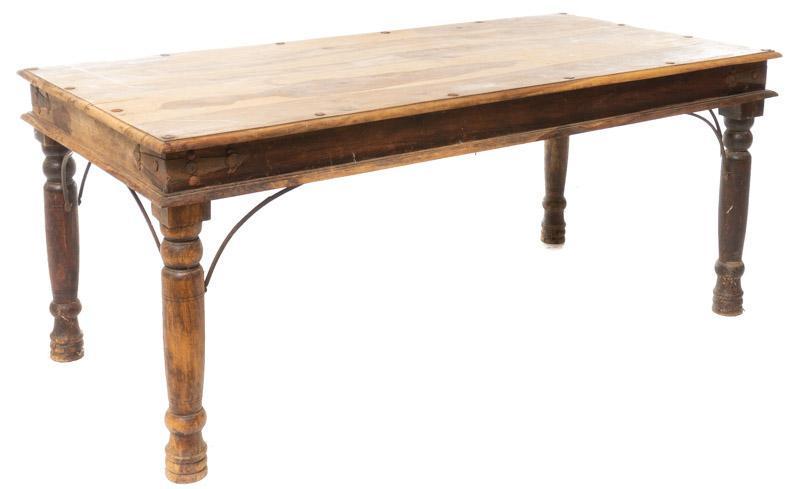 Rustic Spanish-Style Dining Table: Rustic Spanish-style dining table, metal banding, stud accents 30.5" tall x 71" wide x 36" deep State-wide delivery is available for this item. Please email shipping@vogtauction.com or call 210-822-61