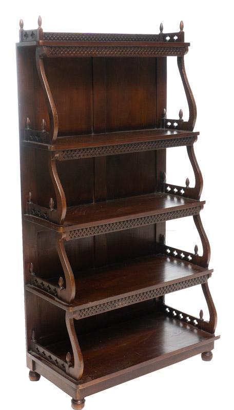 Graduated 5-Tier Bookshelf: Graduated 5-tier bookshelf, carved accents 63" tall x 33.5" wide x 16.5" deep State-wide delivery is available for this item. Please email shipping@vogtauction.com or call 210-822-6155 for a quote. IN