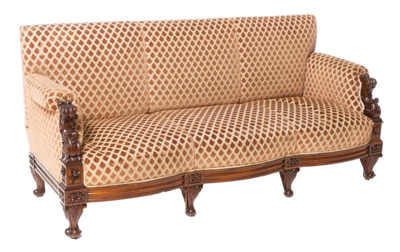 French Provincial Sofa: French Provincial 2-seat sofa, velvet and fabric tan upholstery, patterned, carved wooden frame 37" tall x 57.5" wide x 18.5" deep Condition: Mild damage to trim State-wide delivery is available for t