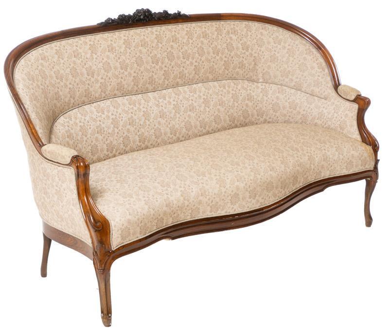 French Provincial Settee: French Provincial settee, wooden frame, floral upholstery, carved mantle 40.5" tall x 68" wide x 25" deep Condition: Mild stain front right corner State-wide delivery is available for this item. Pleas