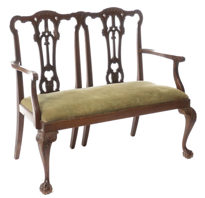 Chippendale-Style Ball and Claw Bench: Chippendale-style ball and claw bench, wooden frame, green velvet cushion, carved accents 40" tall x 47" wide x 22" deep State-wide delivery is available for this item. Please email shipping@vogtaucti