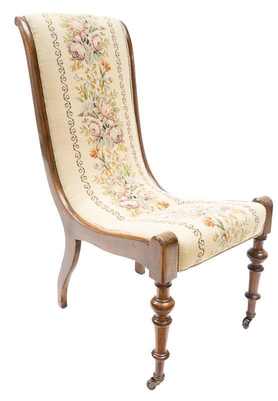 French Provincial Needlepoint Slipper Chair: French Provincial needlepoint slipper chair, floral motif, wooden frame, front feet are on castors 37" tall x 16" wide x 19" deep State-wide delivery is available for this item. Please email shipping@