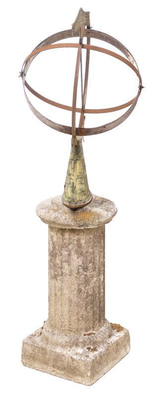 Vintage Wrought Iron and Concrete Garden Armillary: Vintage wrought iron and concrete armillary sphere, globe motif, figural accents 49.5" tall x 26.5" diameter State-wide delivery is available for this item. Please email shipping@vogtauction.com or ca