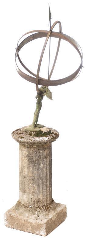 Vintage Wrought Iron and Concrete Garden Armillary: Vintage wrought iron and concrete armillary sphere, globe motif, figural accents 55" tall x 26.5" diameter State-wide delivery is available for this item. Please email shipping@vogtauction.com or call