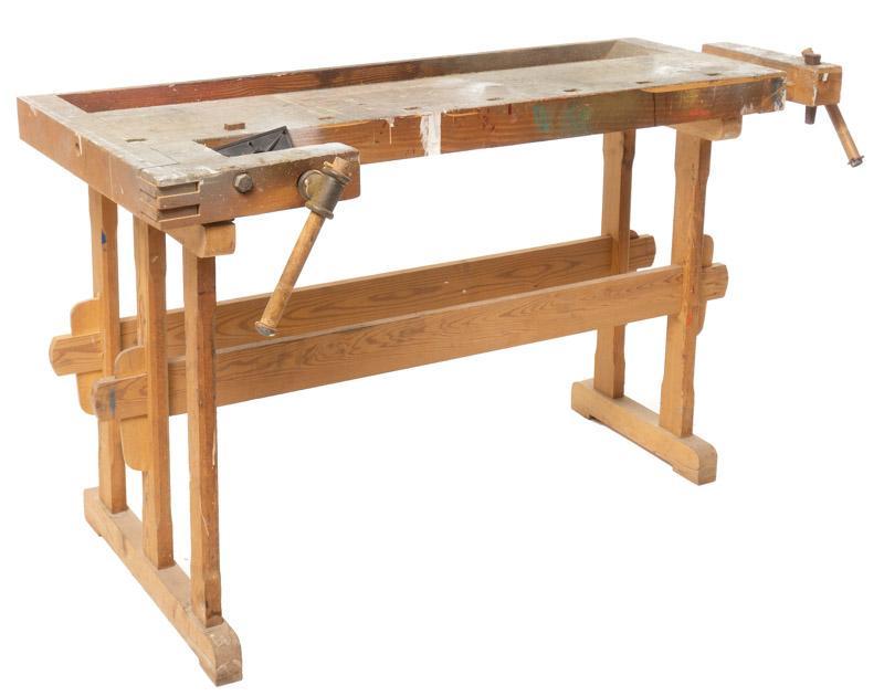 Rustic Wooden Work Table with Vice: Rustic wooden work table with vice 32" tall x 57" wide x 28" deep State-wide delivery is available for this item. Please email shipping@vogtauction.com or call 210-822-6155 for a quote. IN-HOUSE SHIPP