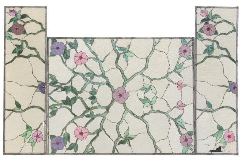Magnificent Set of 3 Stained Glass Panels: Provenance: Charlott's Antiques of San Antonio, TX Magnificent Set of 3 Stained Glass Panels, cherry blossom motif 48" tall x 58" wide Note: Our stained glass is sold "where-is, as-is". Conditions are