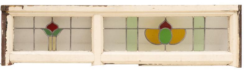 Stained Glass Panel, Art Deco Motif: Stained Glass Panel, Art Deco Motif 17" tall x 63" wide Note: Our stained glass is sold "where-is, as-is". Conditions are all commensurate with age. Where possible, obvious condition remarks have been