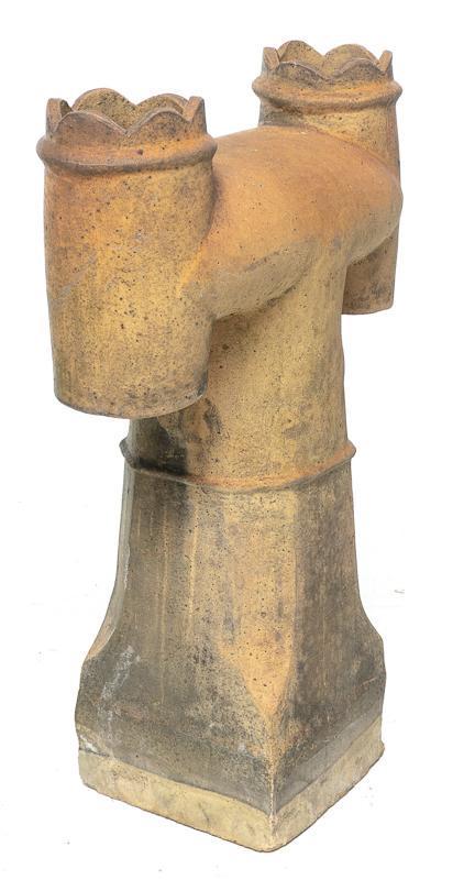 Vintage Twin Concrete Smoke Stack: Vintage concrete smoke stack, red paint remnants, dual-openings, crown motif 36" tall x 24.5" wide x 12" deep State-wide delivery is available for this item. Please email shipping@vogtauction.com or c