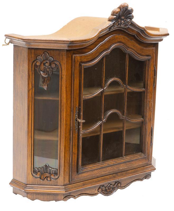 French Provincial-Style Wall Hanging Display Case: French Provincial-style wall hanging display case, carved accents, carved mantle, includes 1 key 32" tall x 32" wide x 10" deep State-wide delivery is available for this item. Please email shipping@vo