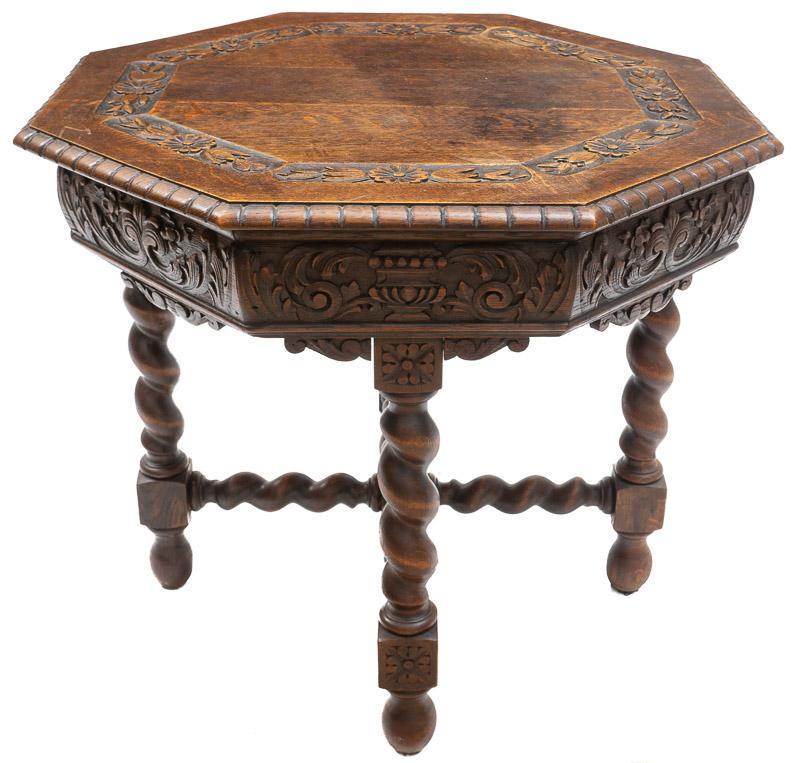 English Barley Twist Occasional Table: English barley twist occasional table, octagonal, cross braced legs, heavily carved accents, twisted stretcher 27" tall x 29" diameter State-wide delivery is available for this item. Please email ship