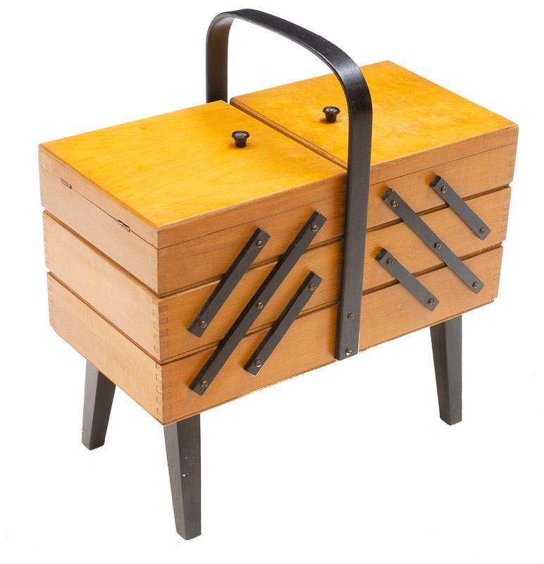 Mid-Century Cantilever Sewing Box: Petite Mid-Century sewing case, dual-tone, pin legs 18" tall x 17.5" wide x 8.5" deep