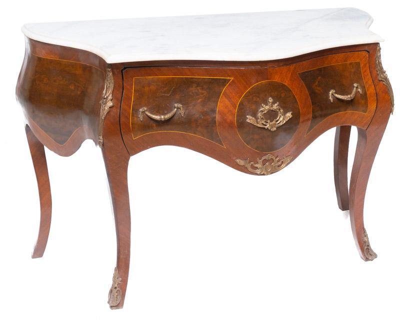 Marble Top Ormolu Bombe Chest: Marble top ormolu bombe chest, white marble, single-drawer, gilt accents 32" tall x 48.5" wide x 22" deep State-wide delivery is available for this item. Please email shipping@vogtauction.com or call 