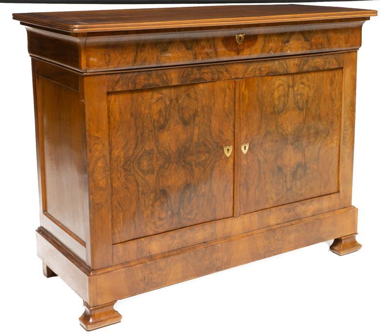 Louis Philippe Period Buffet: Louis Philippe Period buffet, 2-drawers, single-door, veneer accents, metal fixtures 40.5" tall x 51" wide x 22" deep Condition: Drawer is locked, does not include key State-wide delivery is available