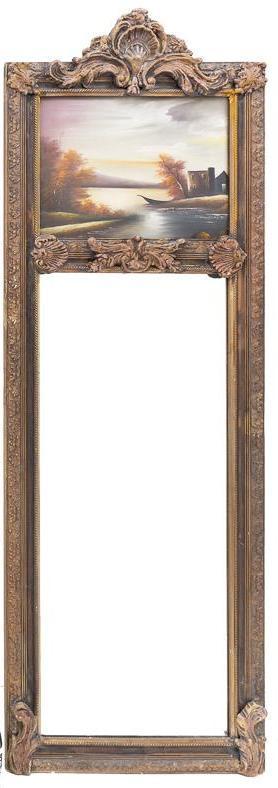 French Trumeau Full Length Mirror: French Trumeau full length mirror, hand painted landscape panel, carved wooden frame 85" tall x 28.5" wide State-wide delivery is available for this item. Please email shipping@vogtauction.com or call