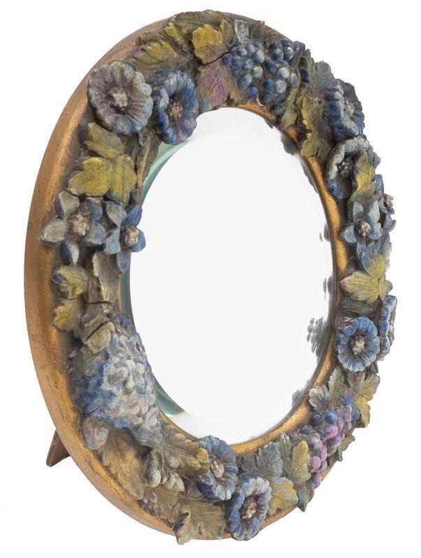Vintage Floral Gesso Table Top Mirror: Vintage floral gesso table top mirror, floral accents, oval mirror 12.5" diameter
