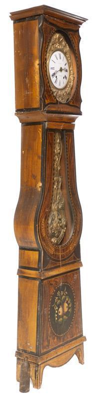 Vintage Tall Case Clock: Vintage tall case Morbier clock, closed wooden case, with weights pendulum and key, 2-glazed doors, handpainted floral accents 92" tall x 20" wide x 8.5" deep State-wide delivery is available for this